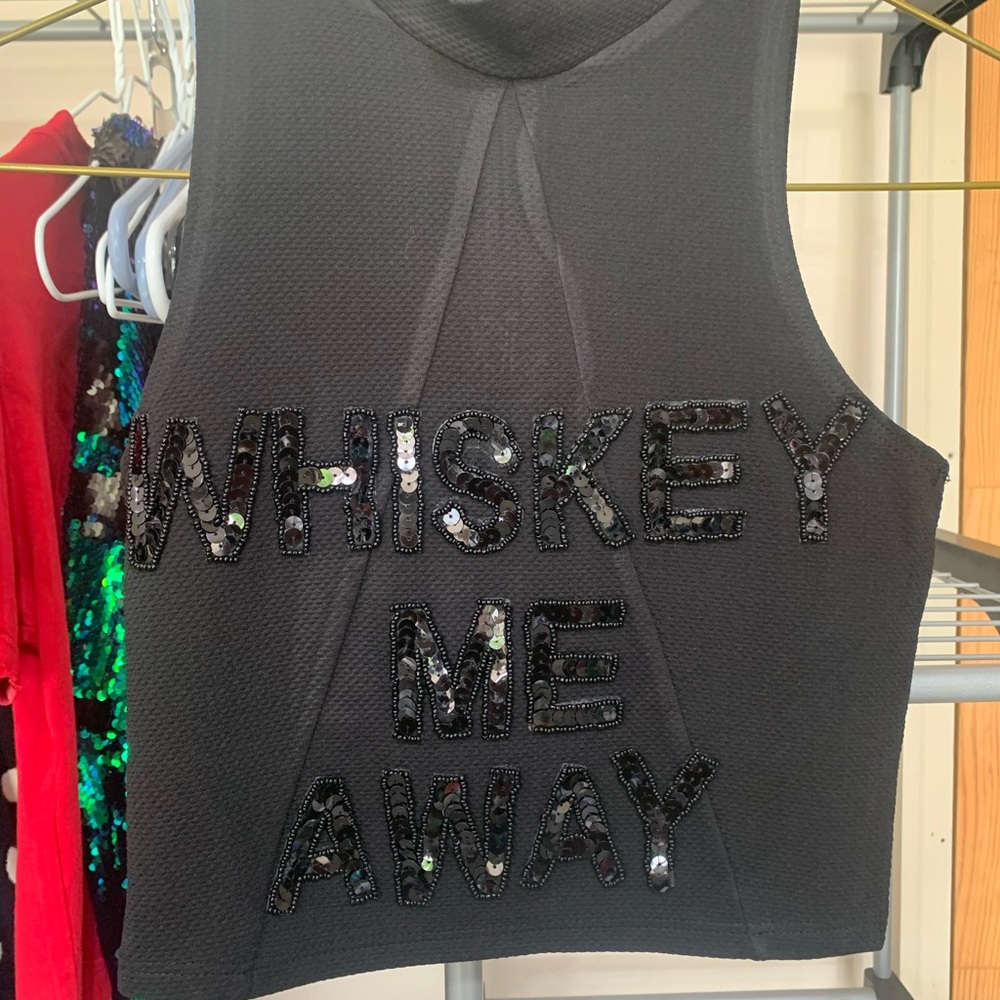 Halter crop top with sequin letters.
